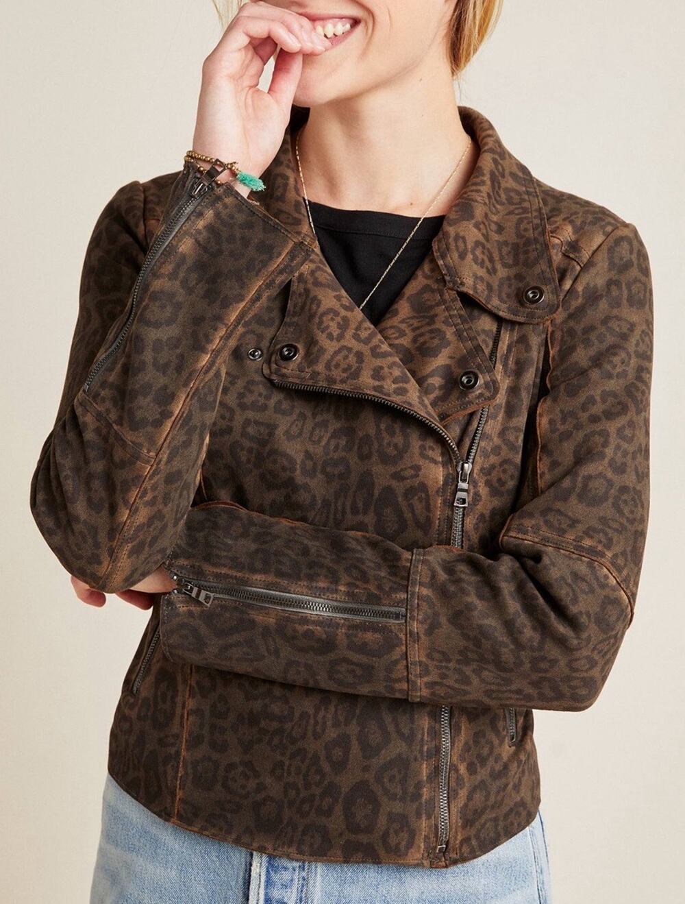 Marrakech Marni Leopard Moto Jacket Womens XL Brown Faux Suede Zip Closure Edgy